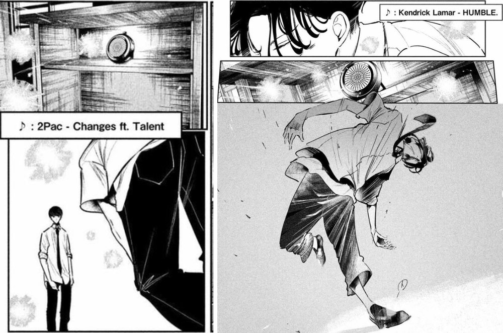 The only musical clues in the manga are song titles: 〈Changes〉 when Kaboku takes the floor on the left, and 〈HUMBLE.〉 when Iori starts dancing on the right (source: Coffee, Wandance, Chapter 7, Kodansha).