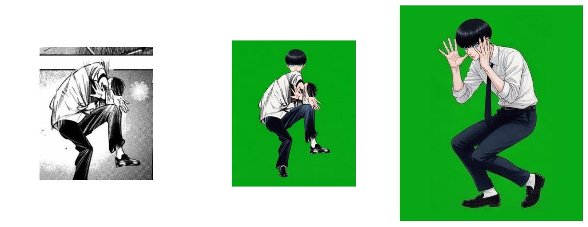 Left: the original manga panel, where a hand obscures the head. Center: Grok used that panel as a reference and drew an extra head. Right: the pose redrawn using only a text description (manga source: Coffee, Wandance, Chapter 7).