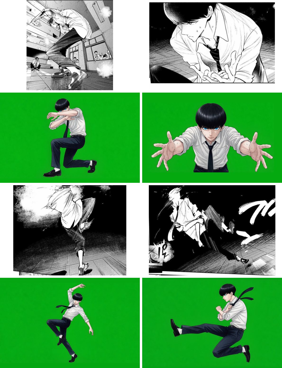 In each pair, the manga panel is above and a keyframe redrawn to match its camera angle is below (Kaboku; manga source: Coffee, Wandance, Chapter 7).