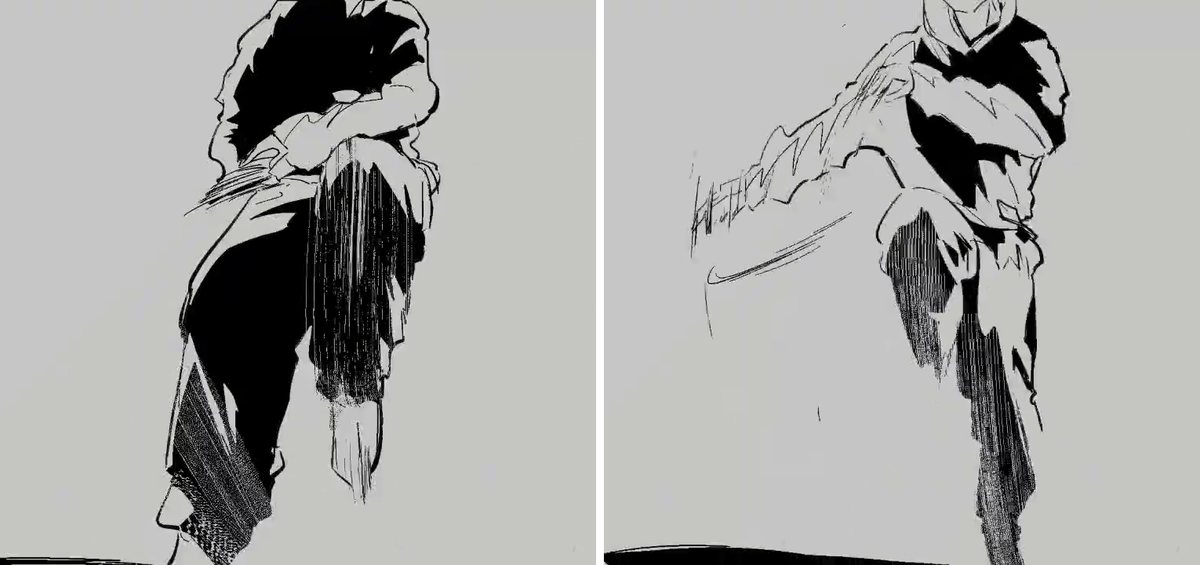 Two drawings from the creator’s hand-drawn animation. Left: an ordinary drawing. Right: a smear frame with several outlines of the swinging arm in one image (source: Coffee’s second hand-drawn animation on X).