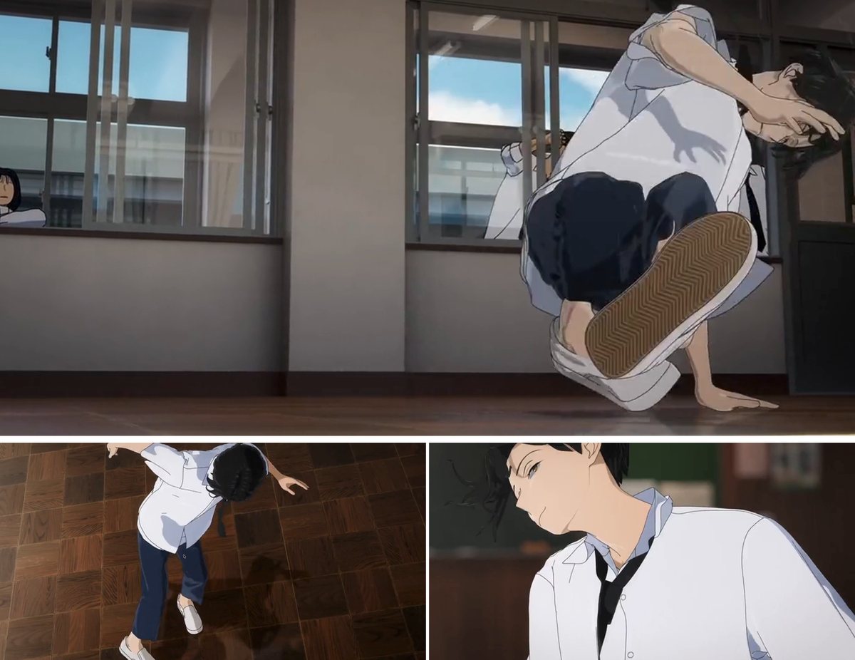 Three shots from Iori’s sequence in the anime: floorwork at the top (with classmates watching outside the window), an overhead shot at bottom left, and a head close-up at bottom right (source: Wandance anime, Episode 5, 2025).