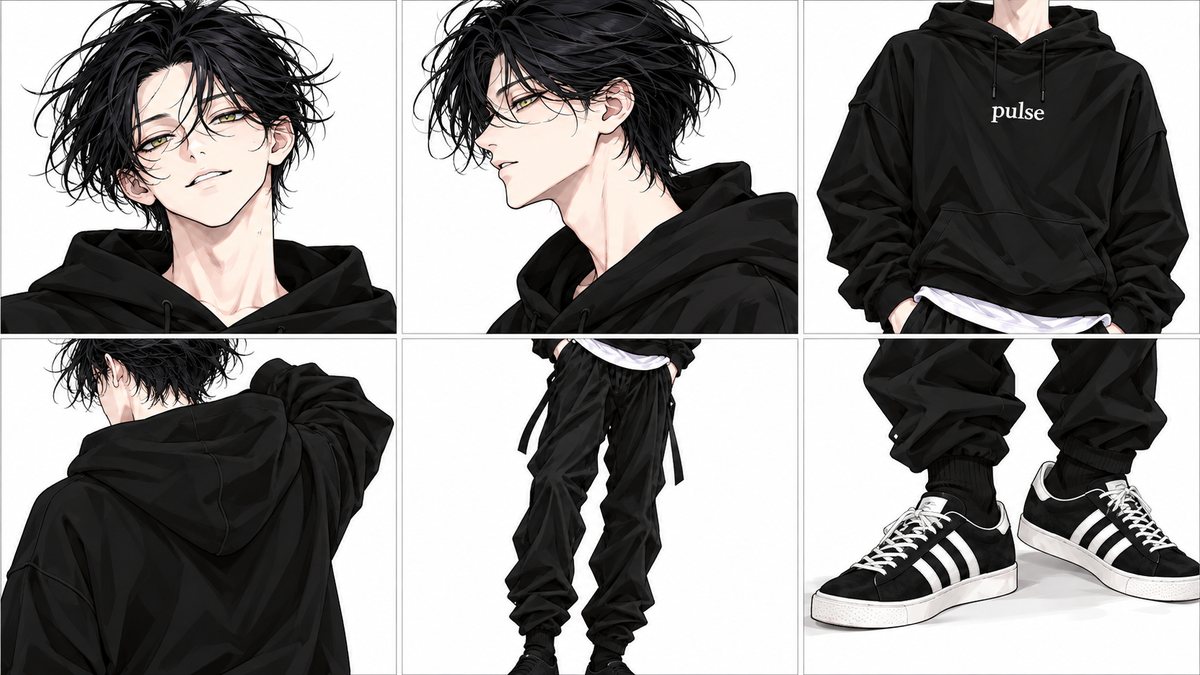 Details of the same design: face from the front, face from the side, front of the hoodie, back of the hood, pants, and sneakers.