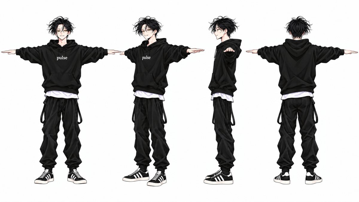 Four views of Iori drawn by GPT from the color-manga covers of Volumes 4 and 10: front, three-quarter front, side, and back, from left to right (fan-made design, not official material).