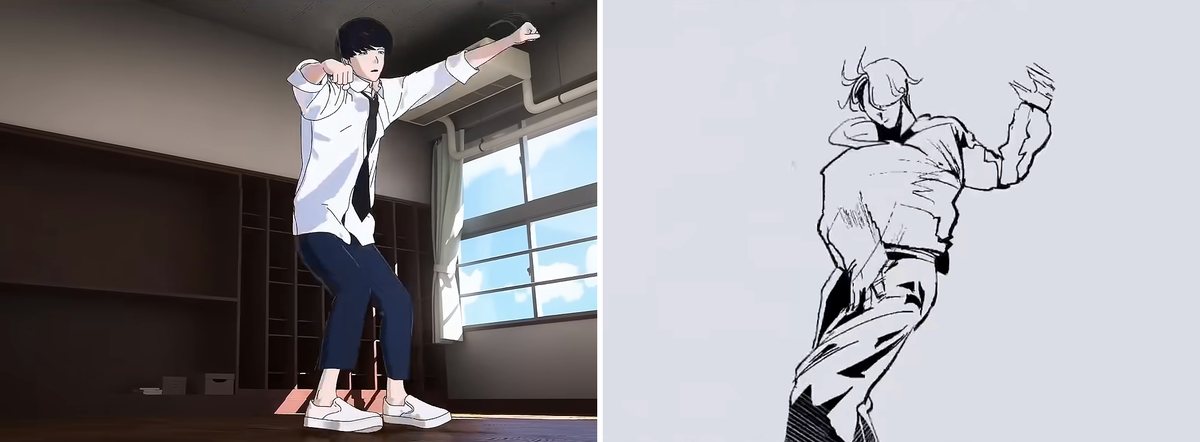 Two clips compared side by side in the Short: Kaboku from the anime on the left (3D motion capture), and Iori hand-drawn by creator Coffee on the right (from Hinata, “《絕妙舞步》 Becomes 《絕望舞步》”).