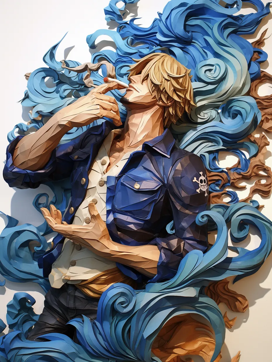Midjourney generation: Paper-cut style anime character surrounded by blue waves
