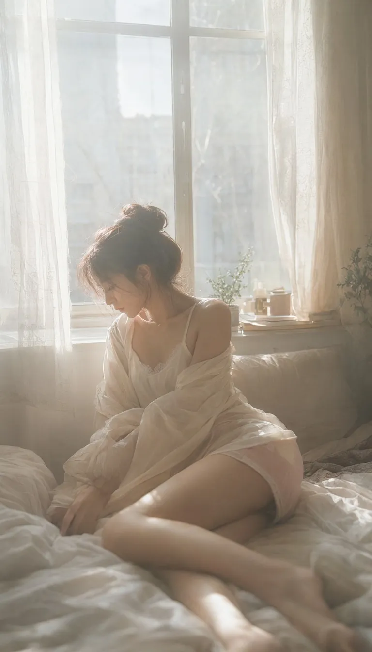Generated by Qwen-Image 2.1: Early morning portrait by the window with backlighting and a soft, misty feel