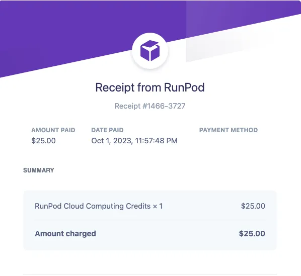 RunPod receipt: $25 top-up on October 1, 2023