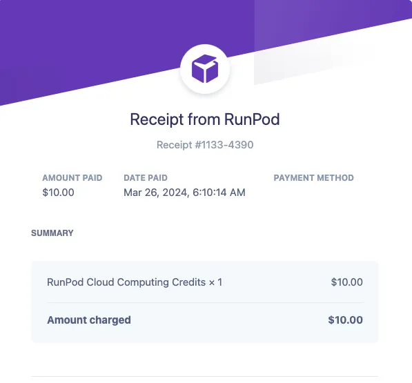 RunPod receipt: $10 top-up on March 26, 2024