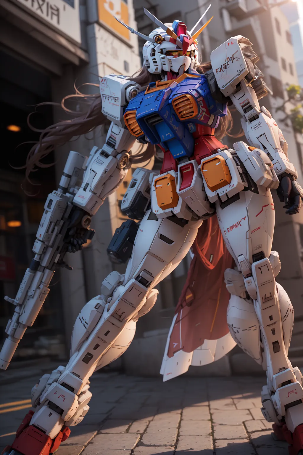 Local Stable Diffusion: a long-haired girl in RX-78 Gundam armor, full body