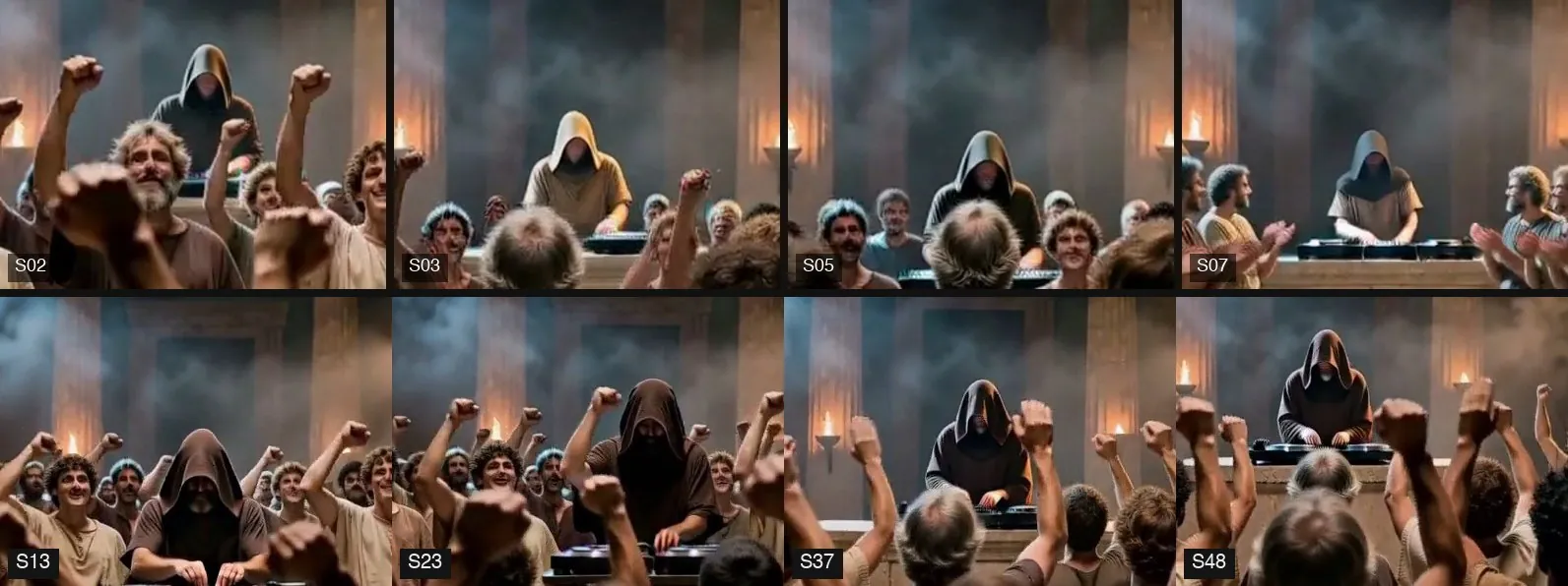 Top row: before the change, S03 has a light-brown hood; bottom row: after the change, all four shots have dark-brown hoods