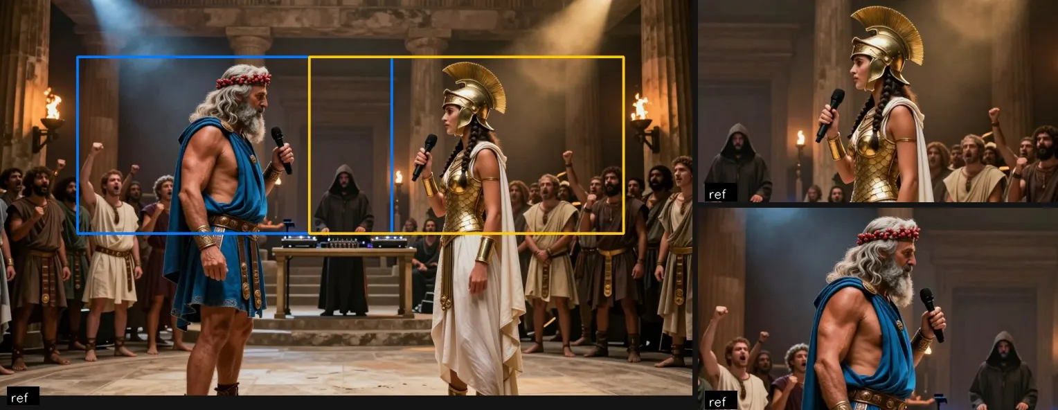 Left: the master image with both people; right: individual reference images cropped from the two boxes