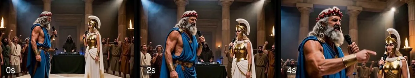 Test generation: intended as a close-up of Poseidon. At 0 and 2 seconds, it is a wide shot of both people and the DJ; at 4 seconds, the camera has moved closer, but Athena is still in frame