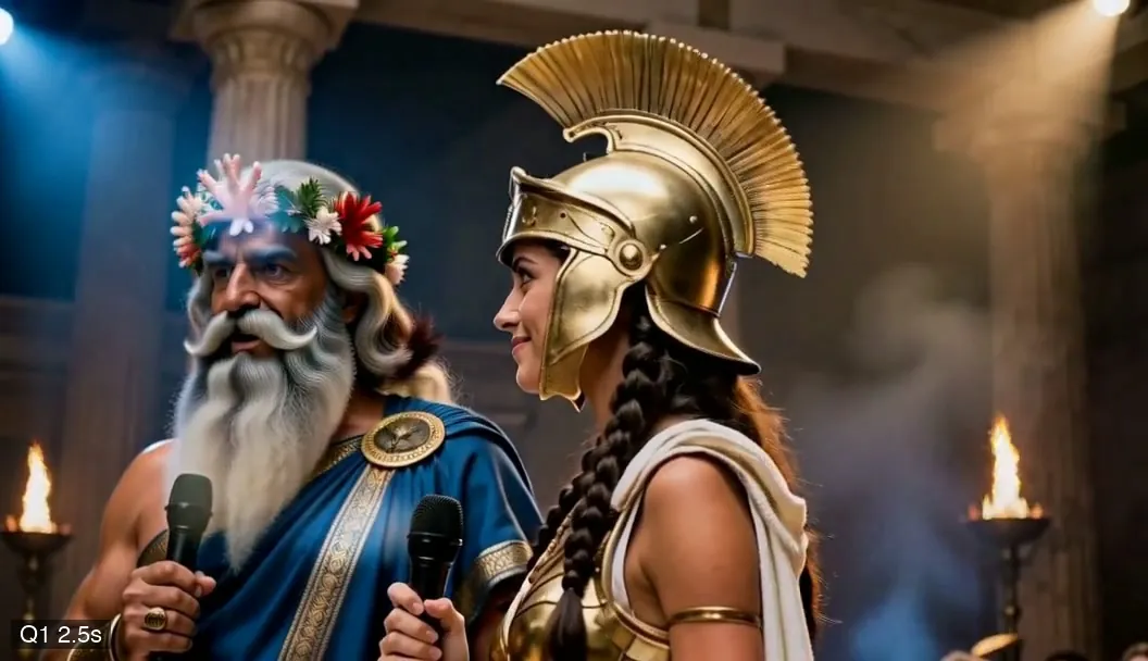 A shot meant to show Athena alone also includes Poseidon