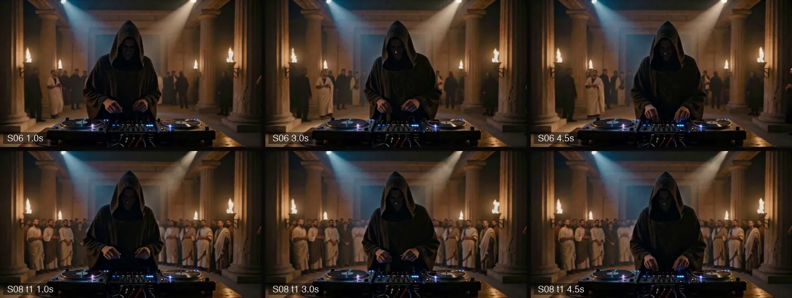 The top and bottom rows are two different shots: at the same point in time, the poses, hands, and lighting are almost identical; only the audience behind them differs