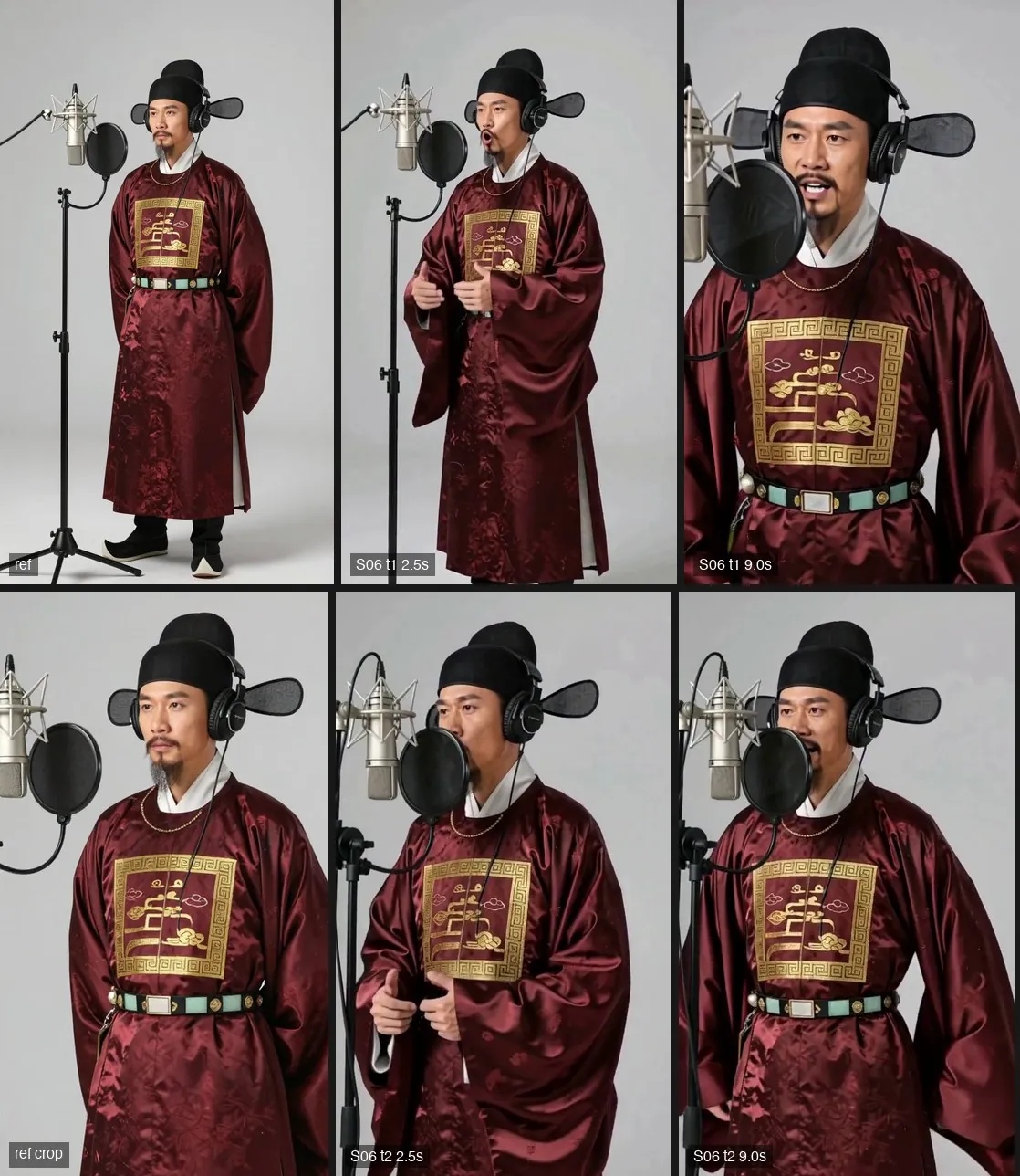 Top row: full-body reference image, still full-body at 2.5 seconds, then pushed in to chest-up at 9 seconds. Bottom row: reference image cropped to half-body, still half-body at 9 seconds