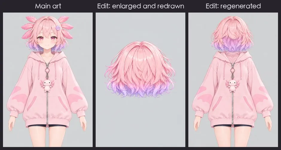 Asked to keep only the back hair: the first time, it enlarged and redrew the back hair and the body disappeared too; only after regenerating could it be aligned back to the main image