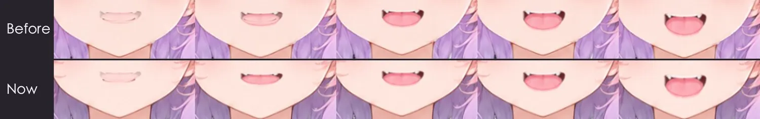The mouth opening from 10% to 100% while talking: the top row is the old version, where the first two frames show two lip lines stacked; the bottom row is the current one, with only one