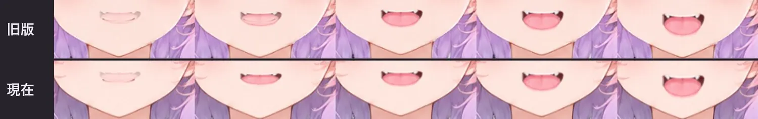 話すときに口が 10% から 100% まで開く様子:上段は旧バージョンで、最初の 2 フレームに唇の線が 2 本重なっています。下段は現在のもので、線は 1 本だけです