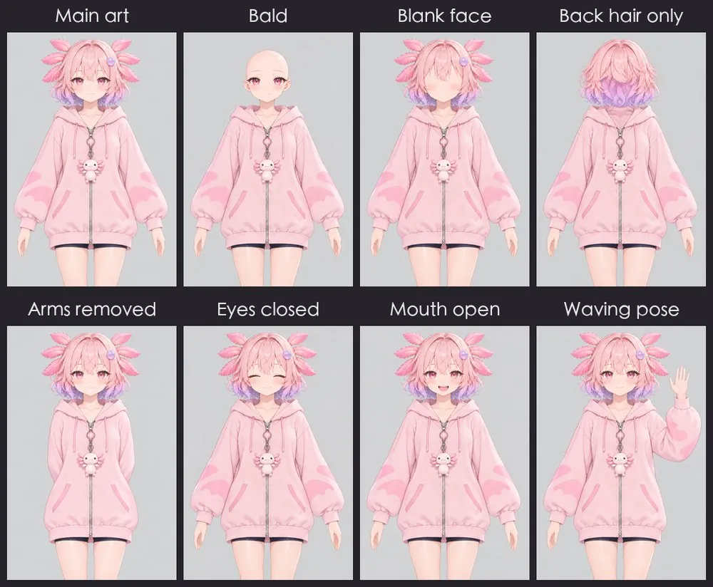 The main image and seven edited images: bald head, blank face, back hair only, arms removed, closed eyes, open mouth, waving hand pose