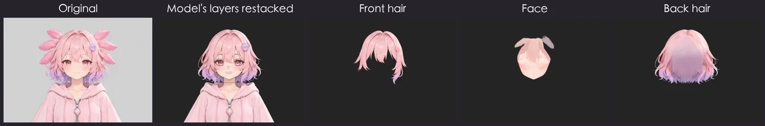 Far left is the original; second from left is the model's layers stacked back, where the mouth now shows teeth and the gills are gone; the three on the right are the split-out front hair, face and back hair