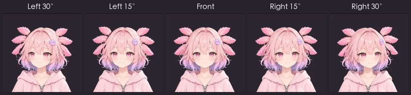 Head turn: left 30°, left 15°, front, right 15°, right 30°