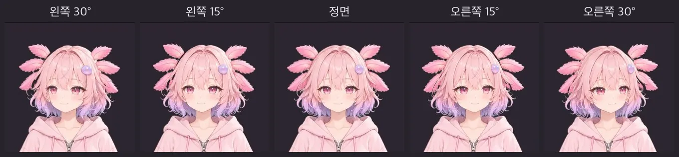 고개 돌리기: 왼쪽 30°, 왼쪽 15°, 정면, 오른쪽 15°, 오른쪽 30°
