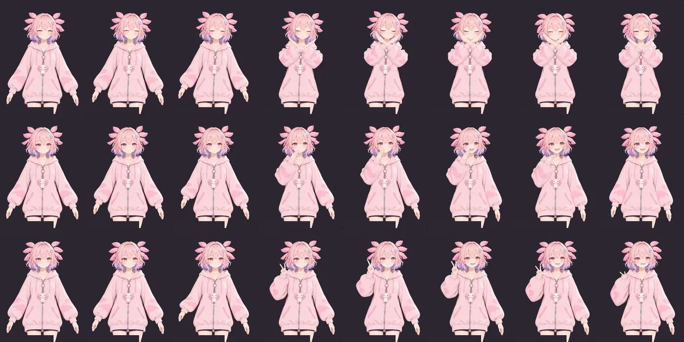 Frame-by-frame of the pose swap, one pose per row: the hanging hand first whips outward, then the next frame swaps to crossed arms, hand over mouth, and a V sign