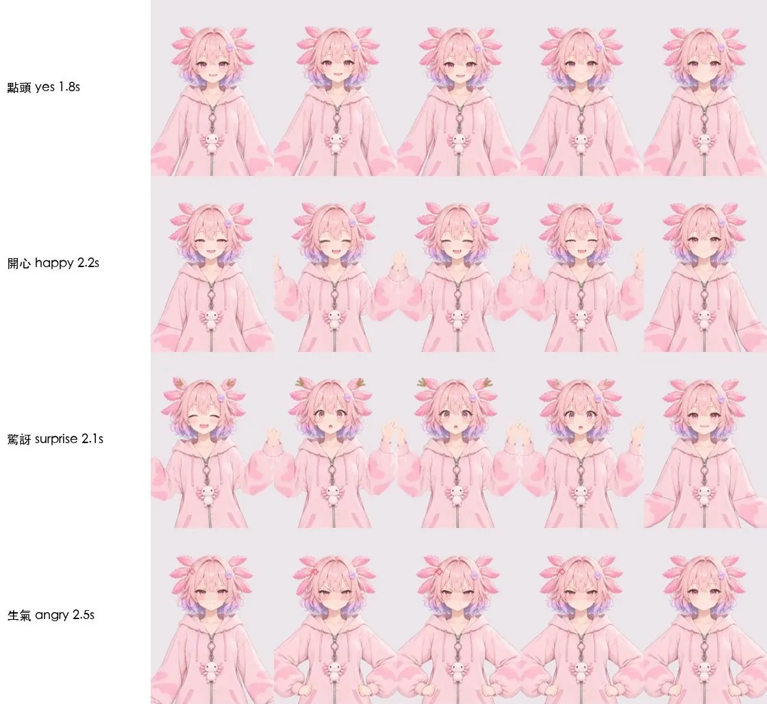 自己排的動作,每個截 5 格。這裡列 4 個:點頭、開心、驚訝、生氣