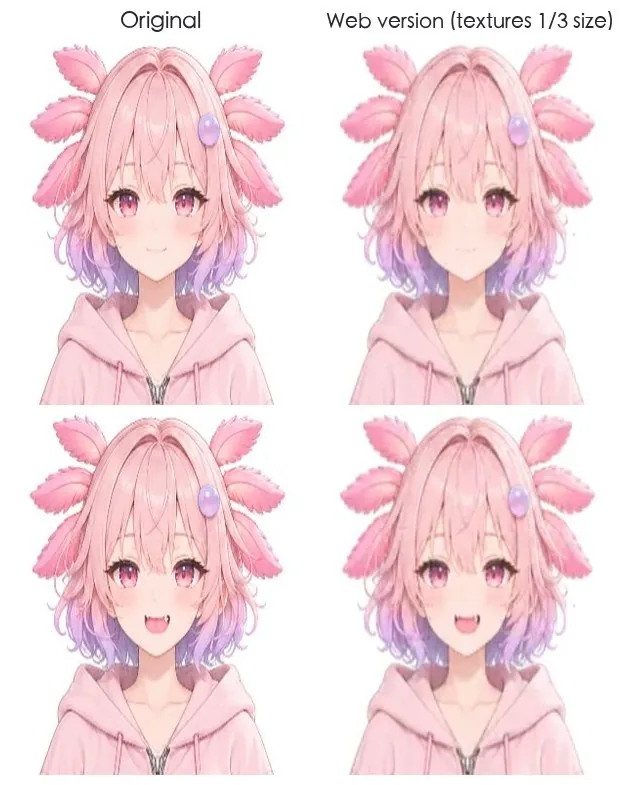 Left: the original; right: the web version (texture width and height shrunk to 1/3). Top row: normal; bottom row: open mouth
