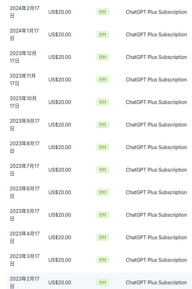 Screenshot of the ChatGPT Plus subscription invoice
