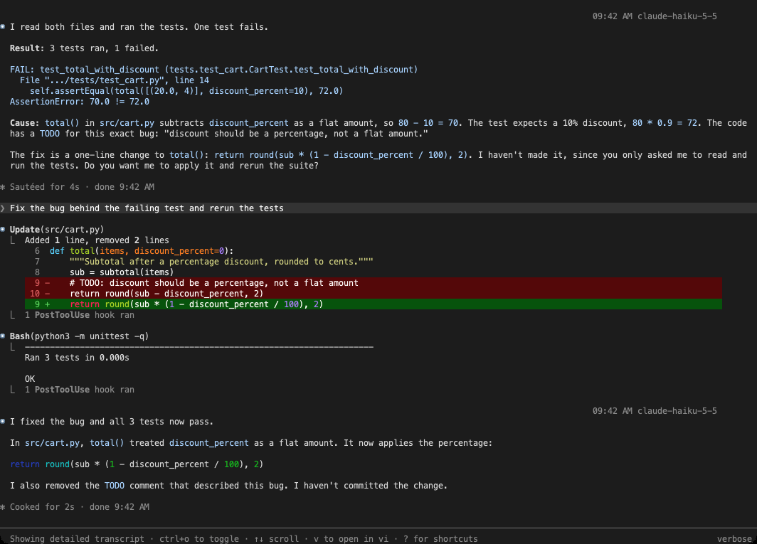 After pressing ctrl+o: the code changes and test results are shown in full
