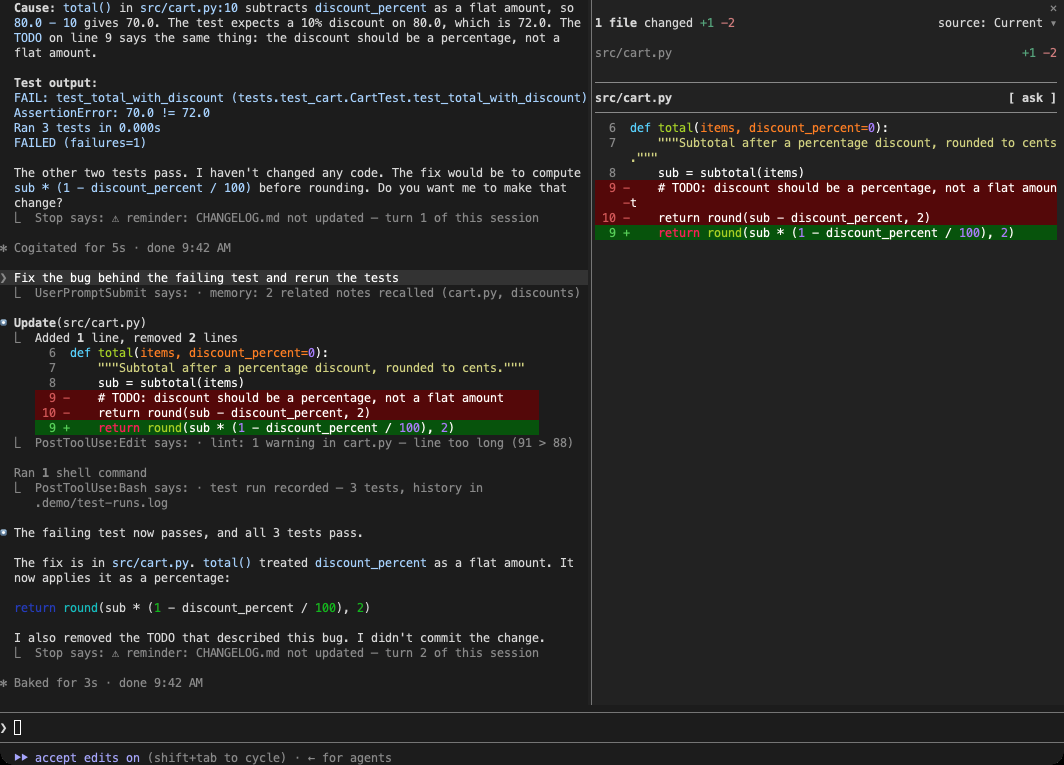 Original Claude Code view: records of AI actions and automated check reminders appear between messages