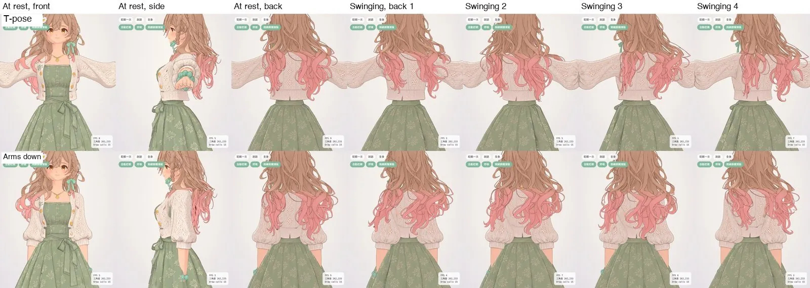 Hair with spring bones: T-pose in the top row, arms lowered in the bottom row; the four rightmost panels show the back while it swings