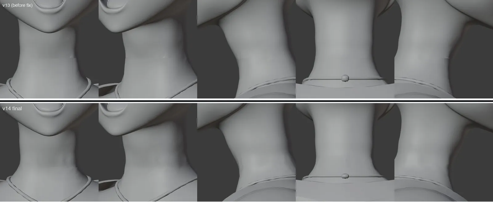 The light-dark seam line on the gray model: top row before correction, bottom row final