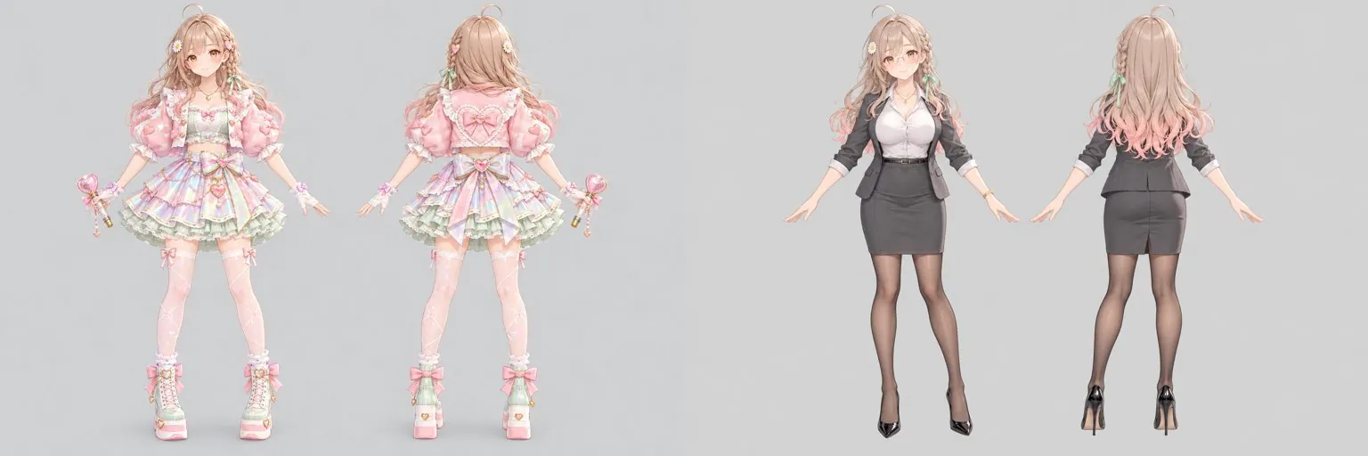 Outfit views redrawn by ChatGPT: idol outfit and OL suit