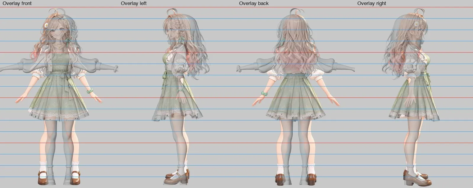 The model overlaid transparently on the design sheet; horizontal lines are height references