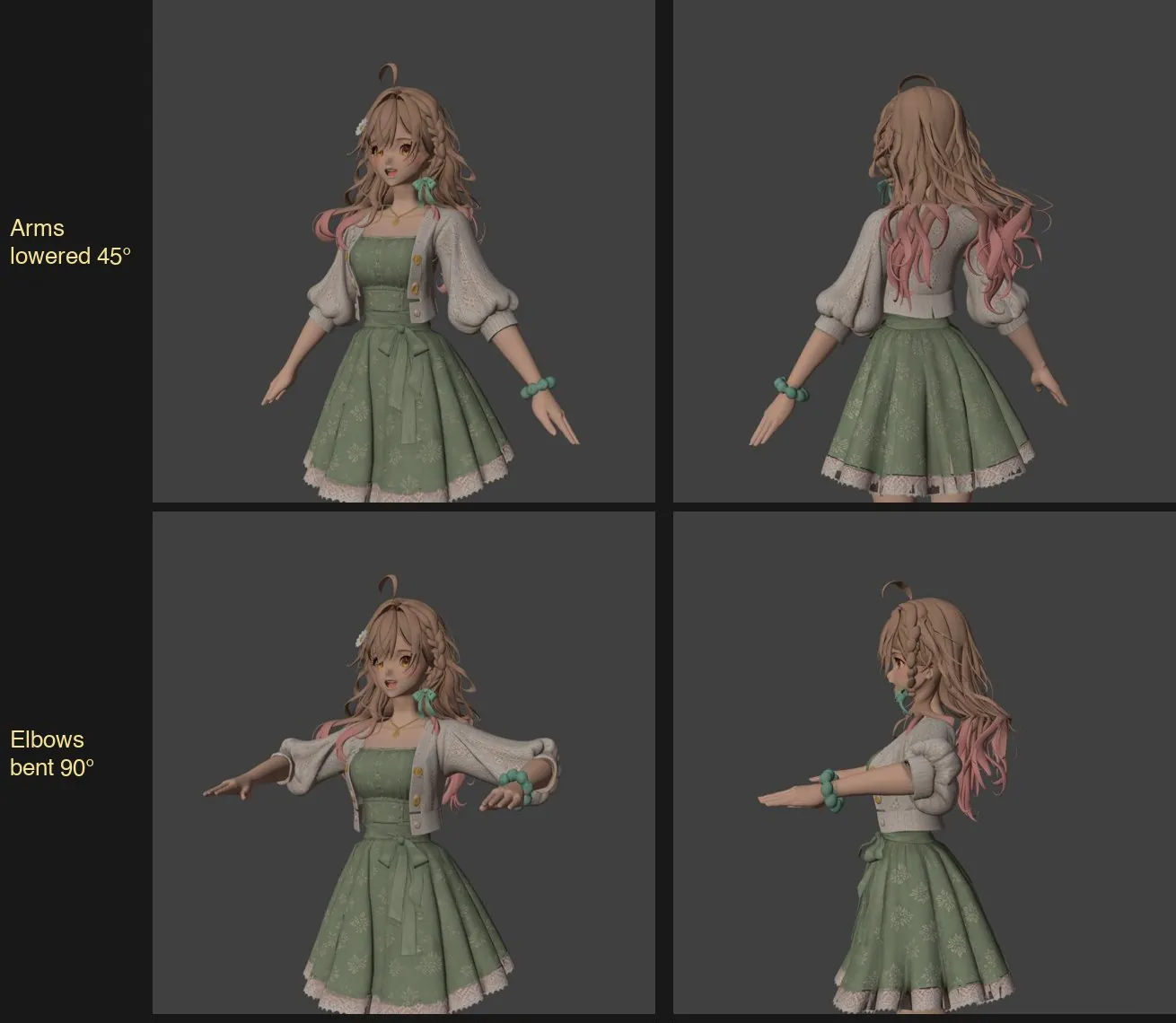Pose checks after Auto Rig: arms lowered 45° and elbows bent 90°