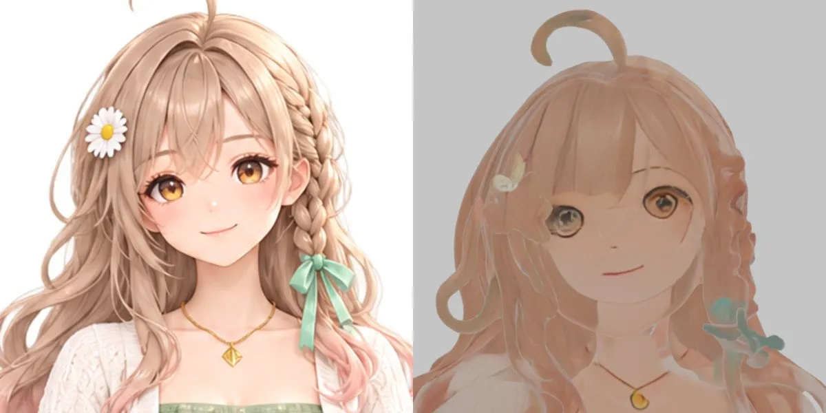 First round: the input design sheet on the left, and the face generated directly by Tripo on the right
