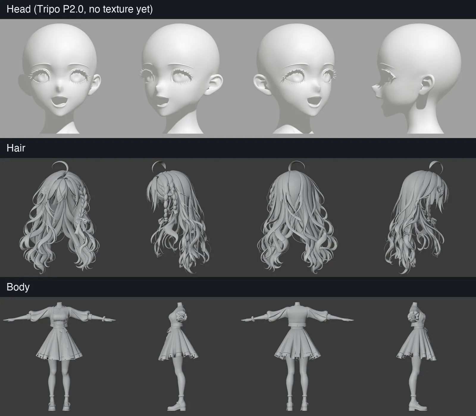 The three parts generated by Tripo, before texturing