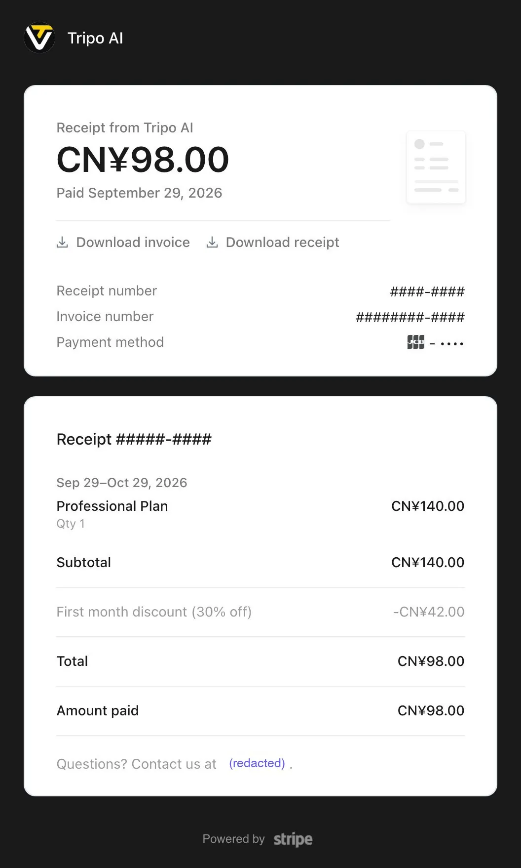 Tripo payment receipt (receipt number, invoice number, last four card digits, and email redacted)