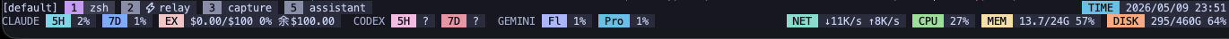 tmux 狀態列：CLAUDE / CODEX / GEMINI 用量 + NET / CPU / MEM / DISK + TIME