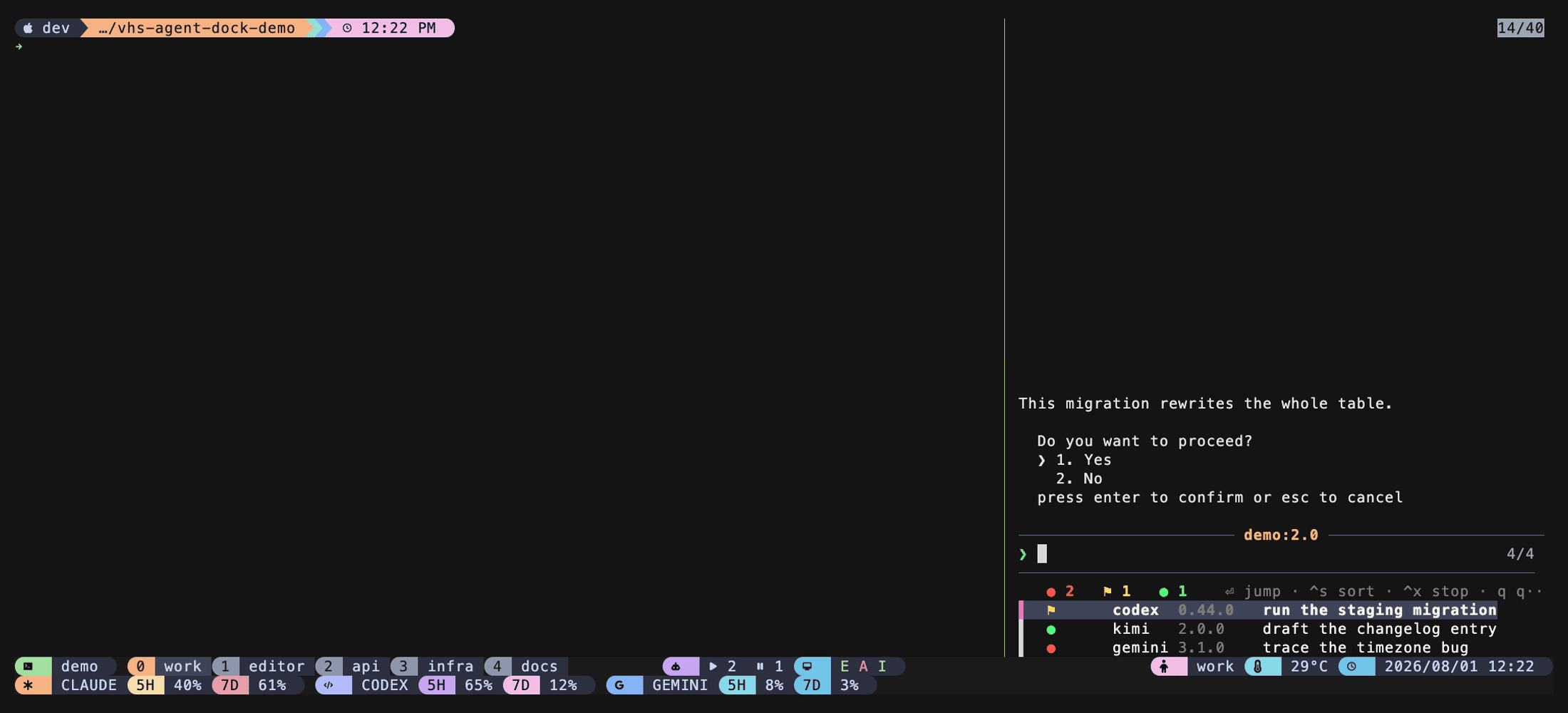 A sidebar will appear on the right side of the current window, listing all running agents in real time. A preview of the currently selected agent's screen appears above it; press Enter to switch to that agent.