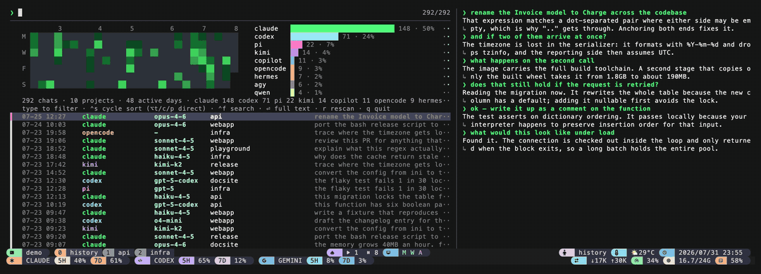 A single list compiles the conversation histories from various AI CLIs; select a row to preview that conversation right next to it.