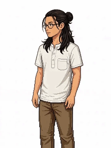 JonesHong as a pixel-art character: long hair in a bun, glasses, white tee and khakis